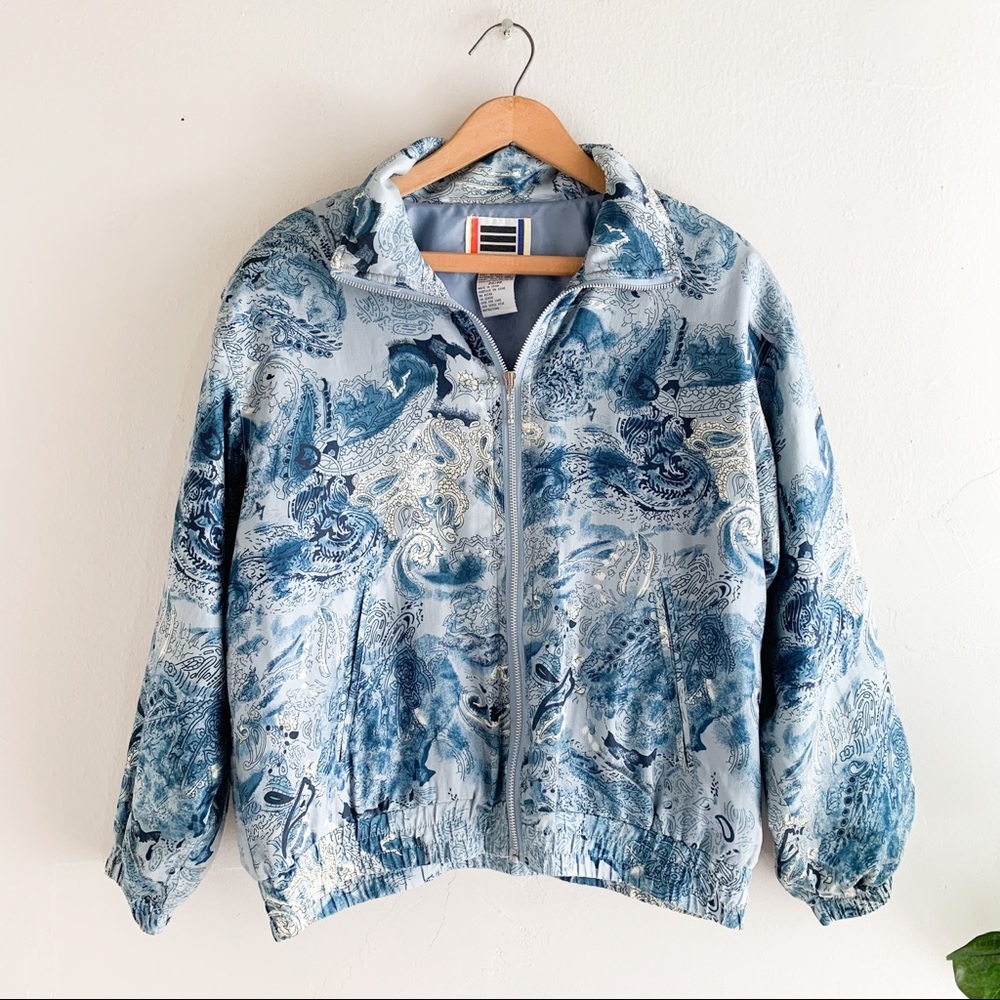 VTG EVR Women’s 100% Silk Blue Bomber Jacket Sz SP